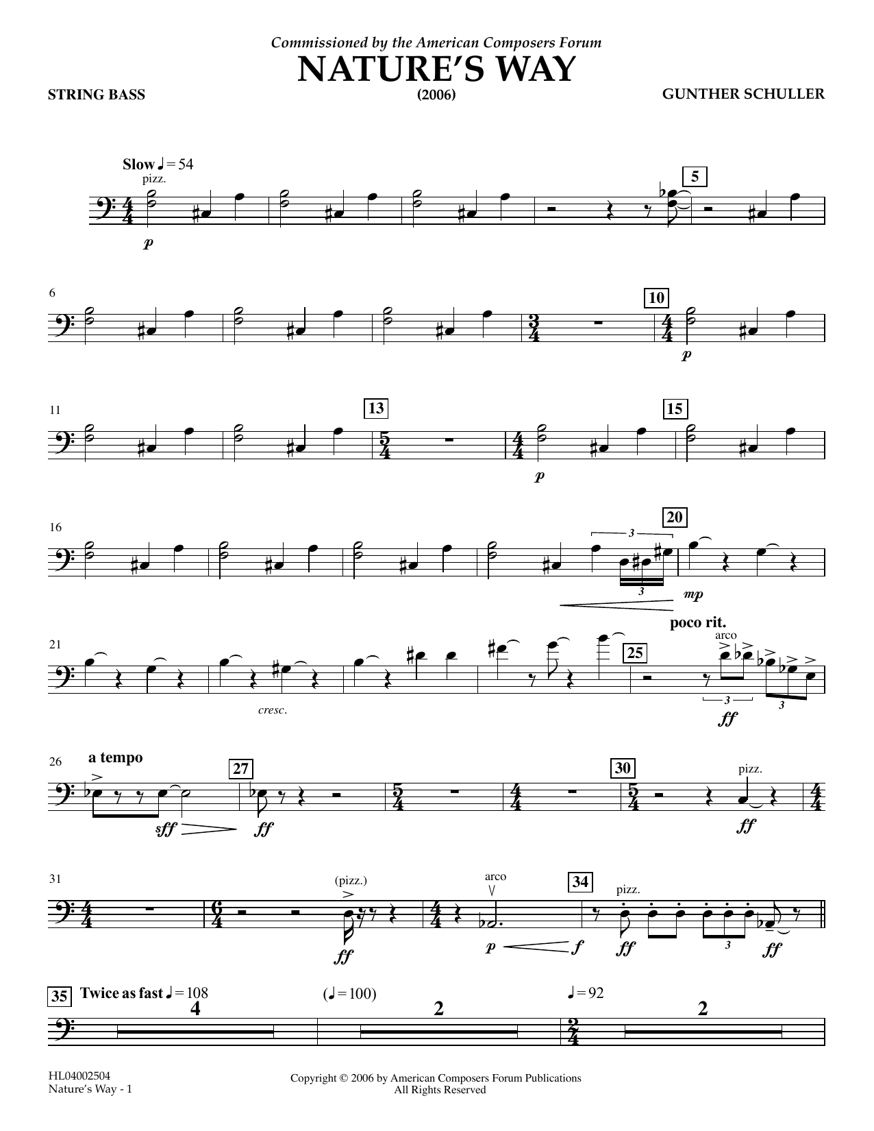 Gunther Schuller Nature's Way - String Bass sheet music notes and chords arranged for Concert Band