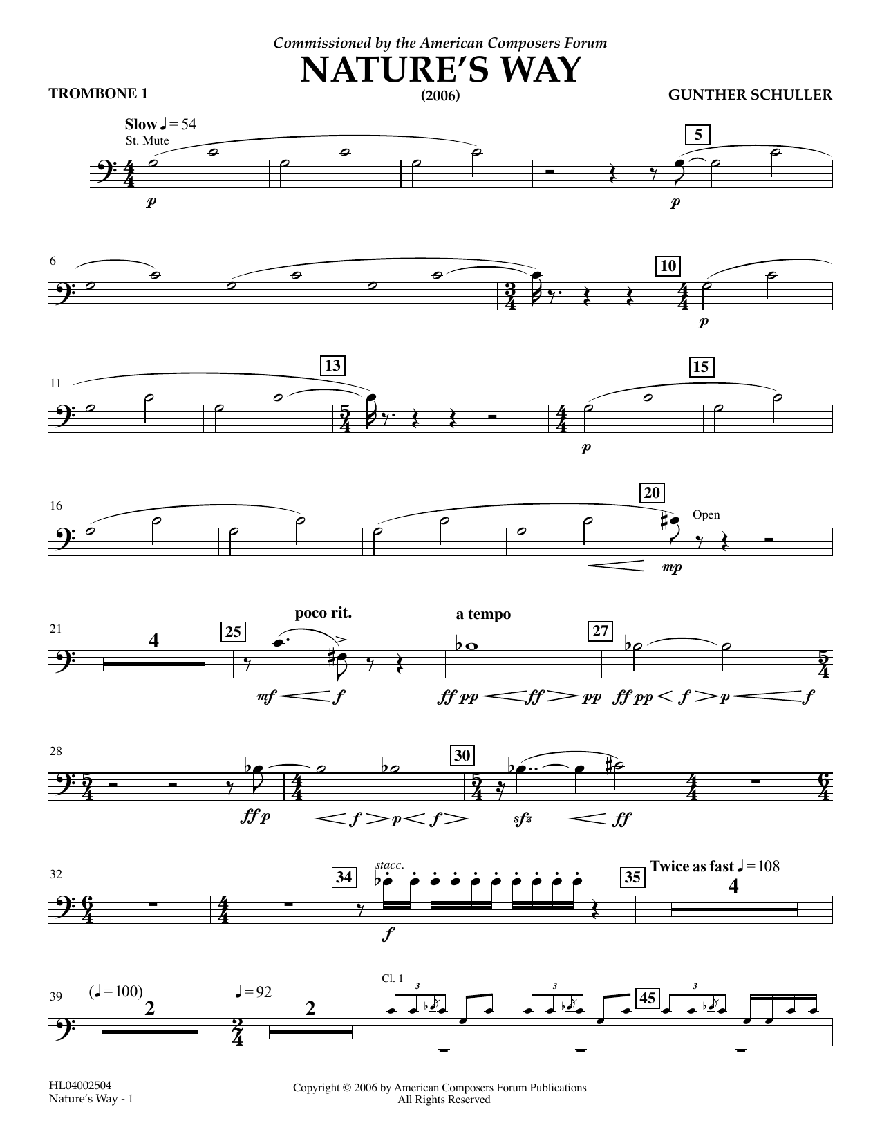 Gunther Schuller Nature's Way - Trombone 1 sheet music notes and chords arranged for Concert Band