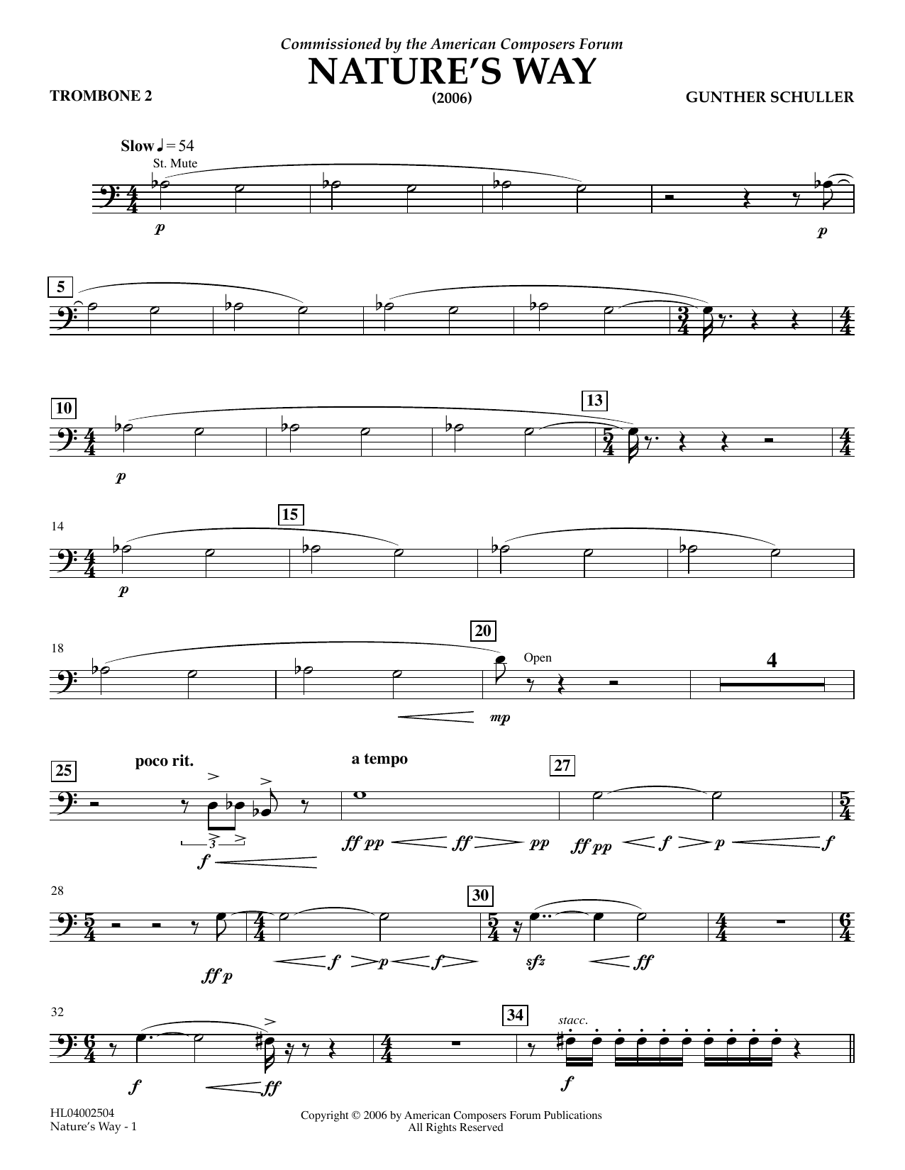 Gunther Schuller Nature's Way - Trombone 2 sheet music notes and chords arranged for Concert Band
