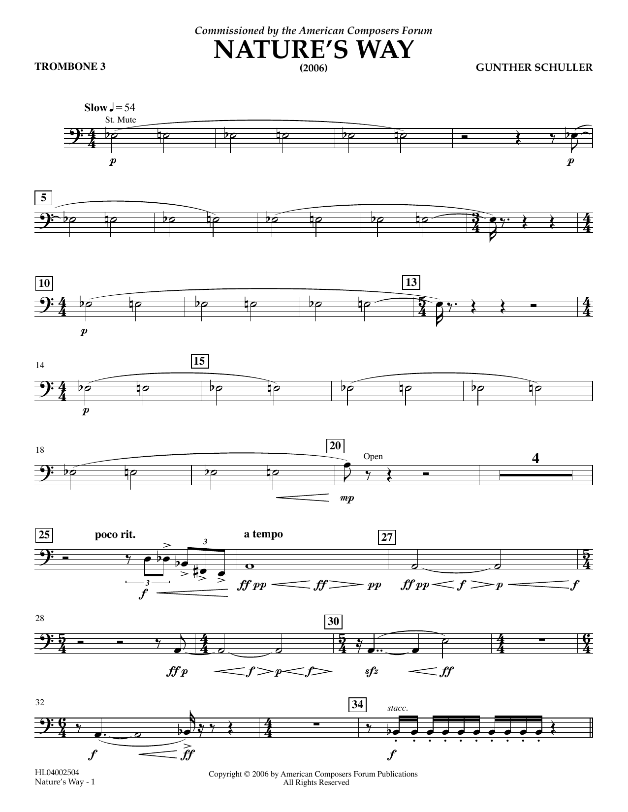 Gunther Schuller Nature's Way - Trombone 3 sheet music notes and chords arranged for Concert Band