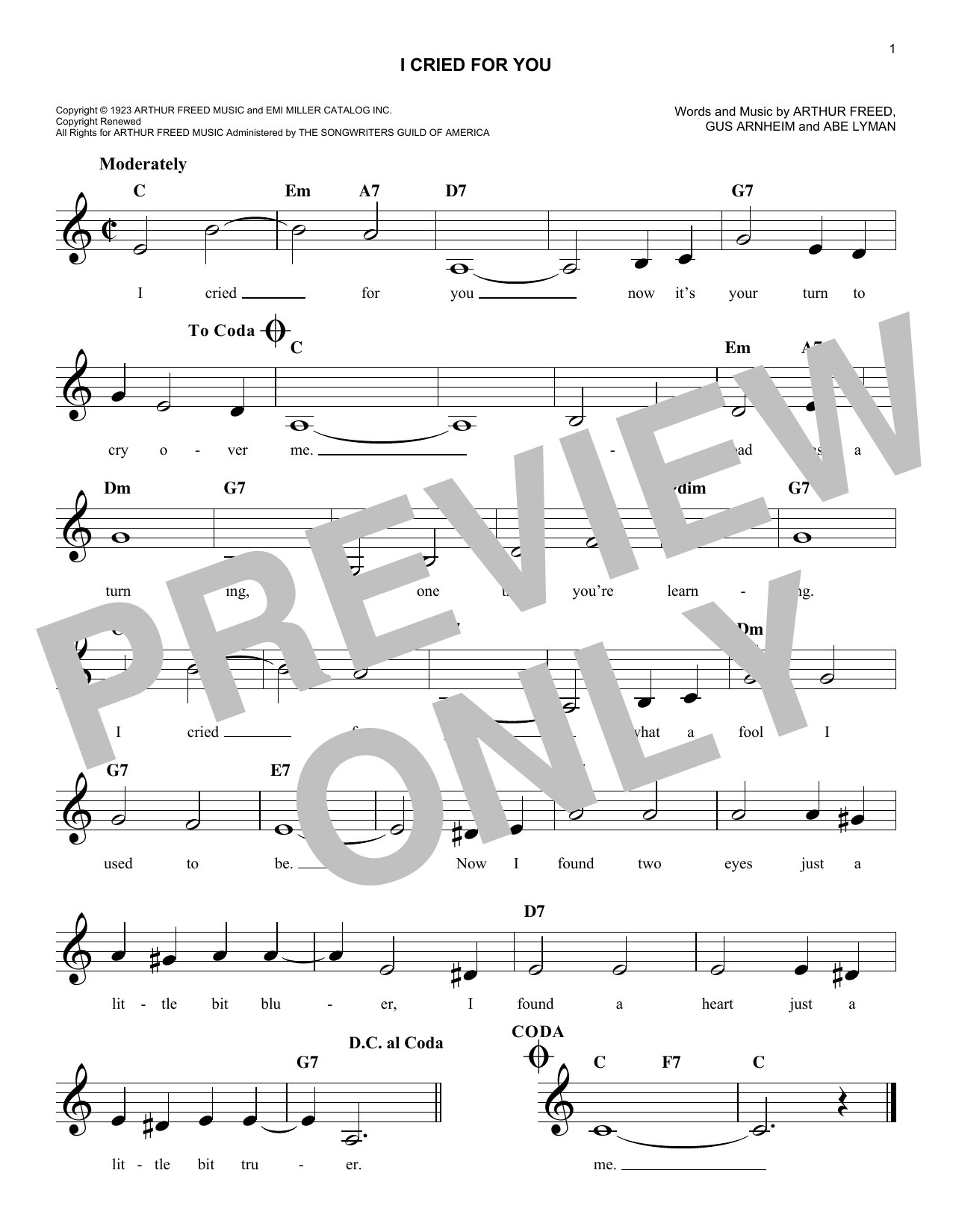 Gus Arnheim I Cried For You sheet music notes and chords arranged for Lead Sheet / Fake Book