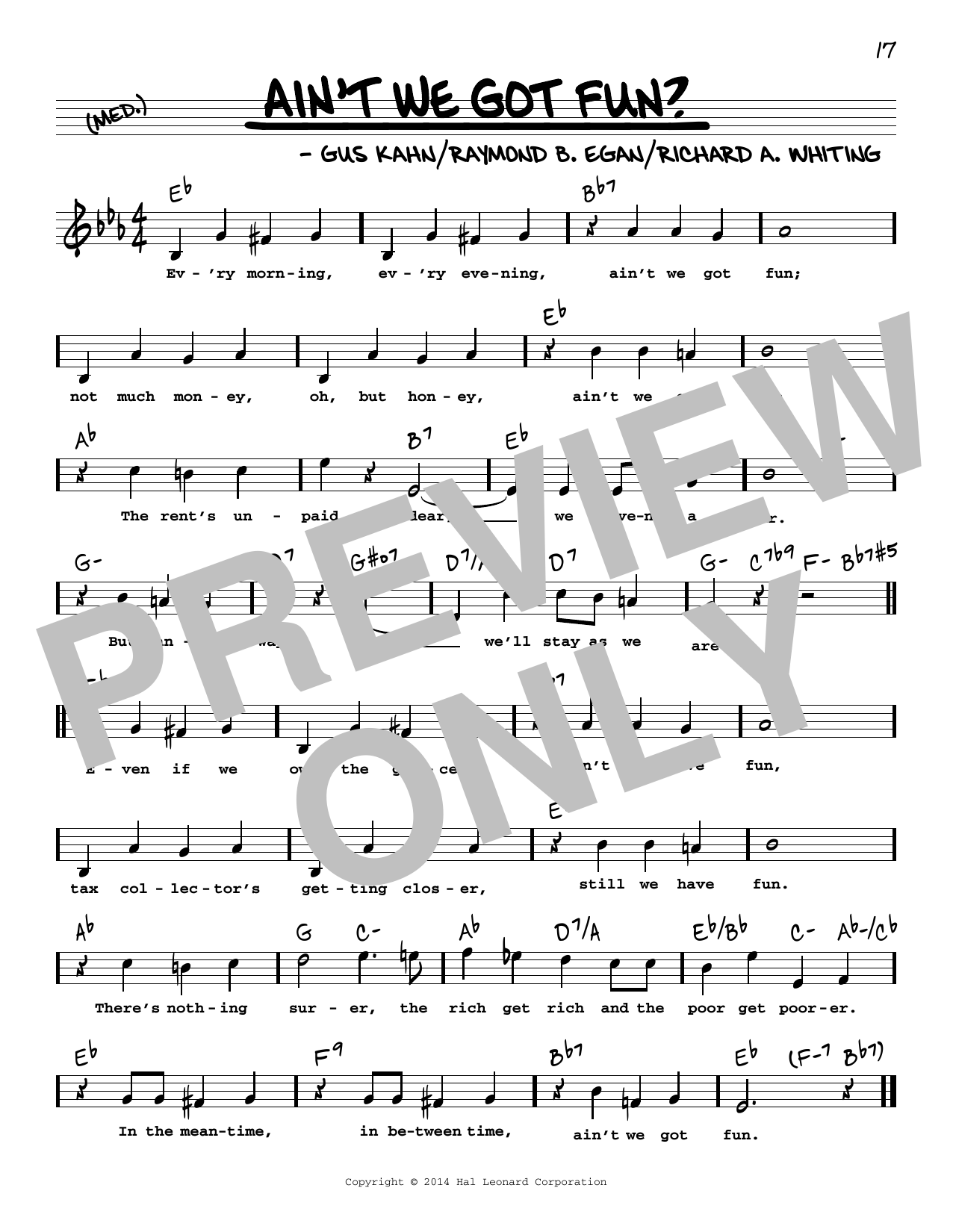 Gus Kahn Ain't We Got Fun? (High Voice) sheet music notes and chords arranged for Real Book – Melody, Lyrics & Chords