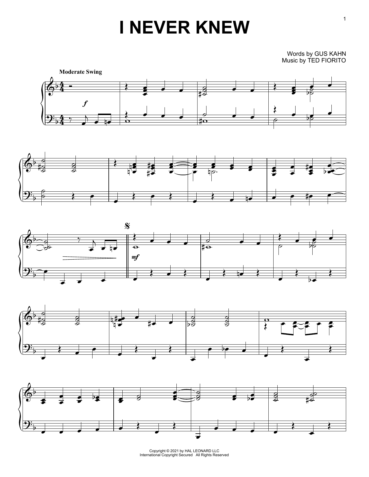 Gus Kahn and Ted Fiorito I Never Knew sheet music notes and chords arranged for Real Book – Melody & Chords