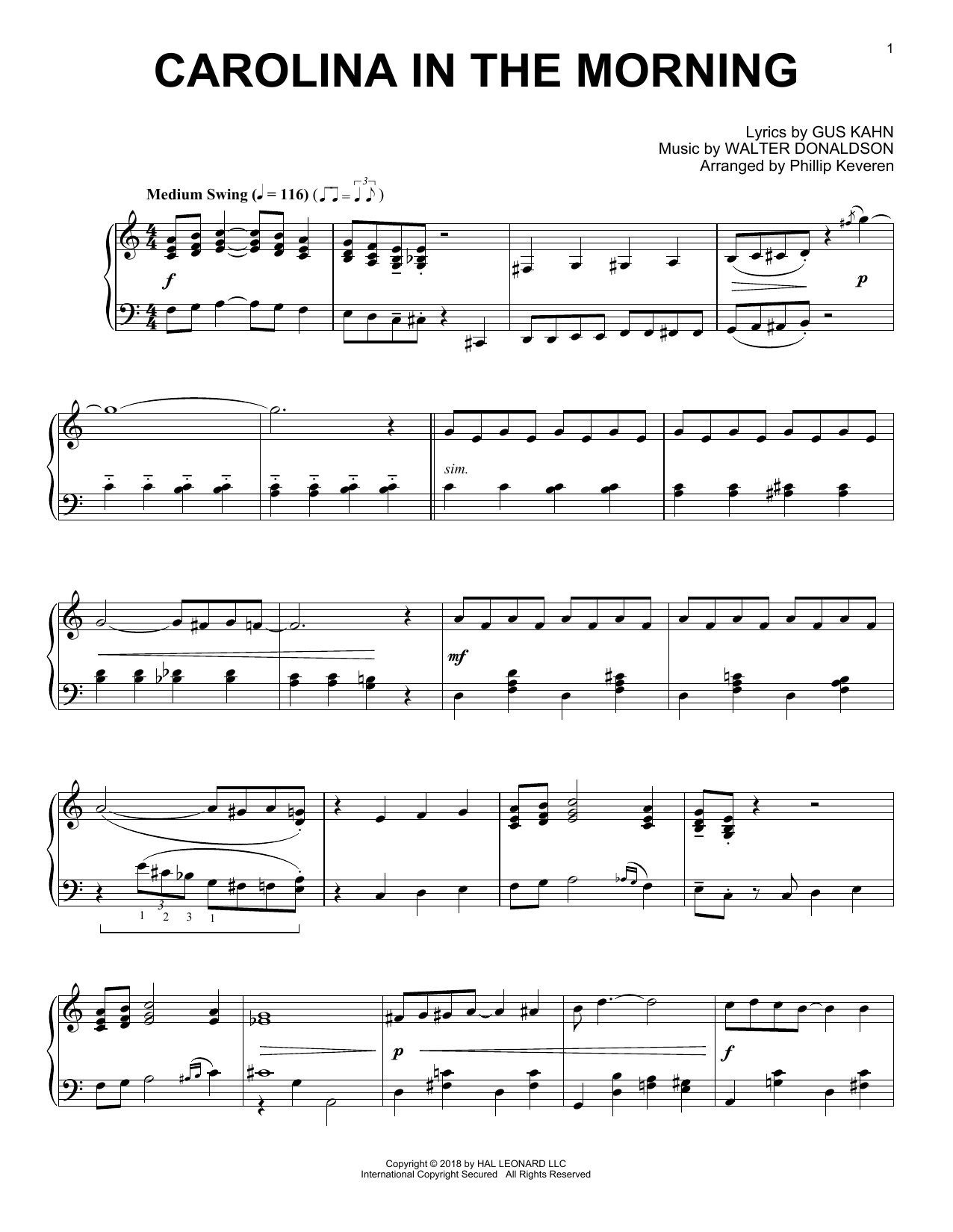 Gus Kahn Carolina In The Morning [Jazz version] (arr. Phillip Keveren) sheet music notes and chords arranged for Piano Solo