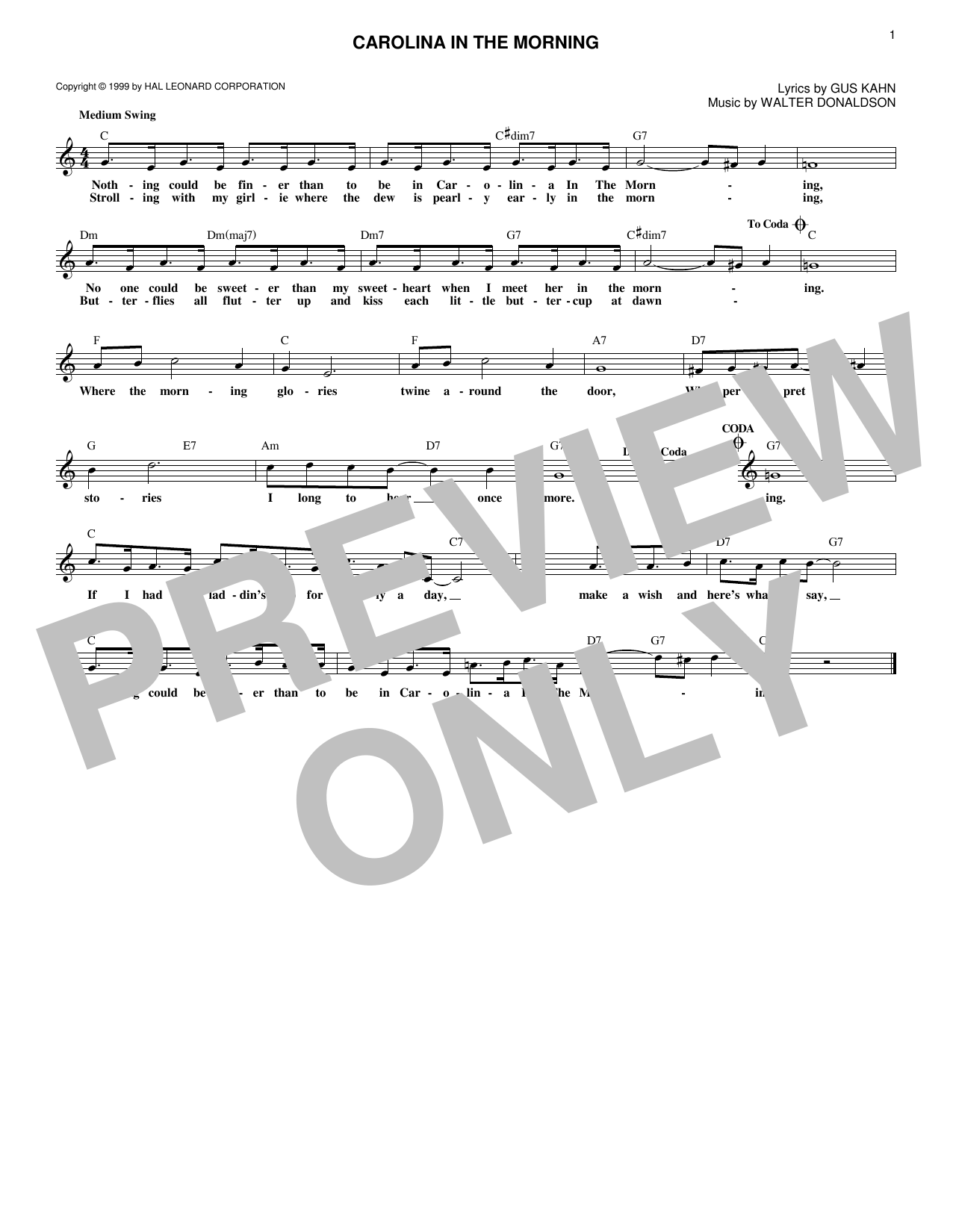 Gus Kahn Carolina In The Morning sheet music notes and chords arranged for Lead Sheet / Fake Book