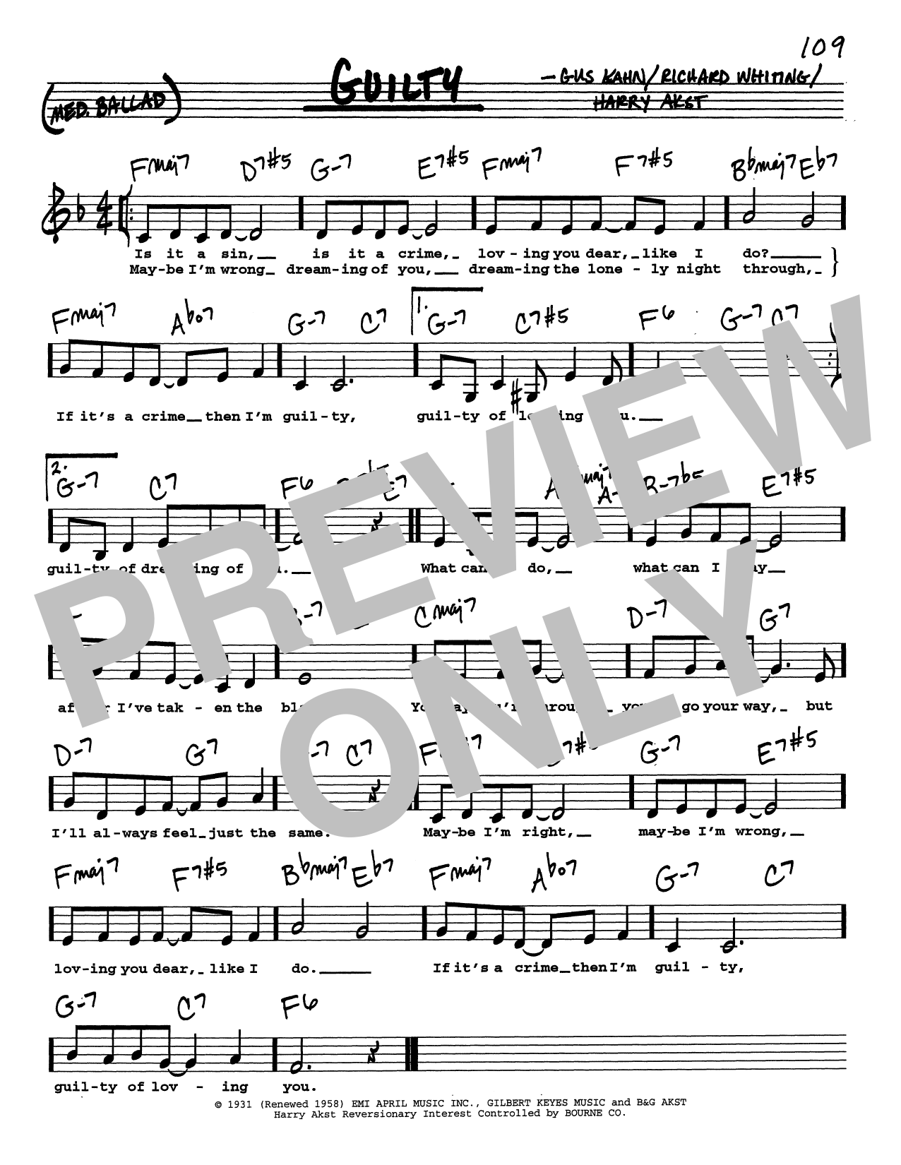 Gus Kahn Guilty (Low Voice) sheet music notes and chords arranged for Real Book – Melody, Lyrics & Chords