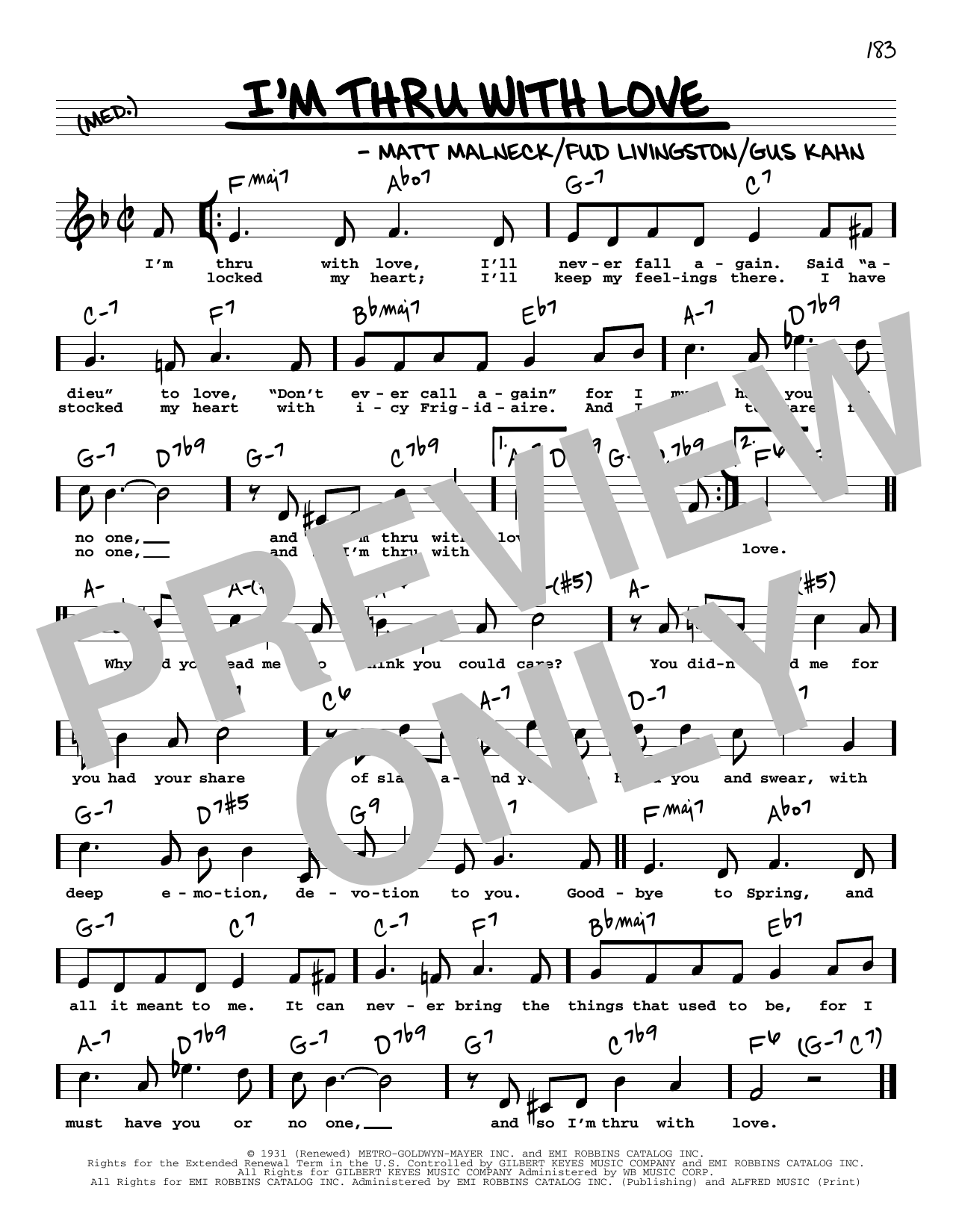 Gus Kahn I'm Thru With Love (High Voice) sheet music notes and chords arranged for Real Book – Melody, Lyrics & Chords