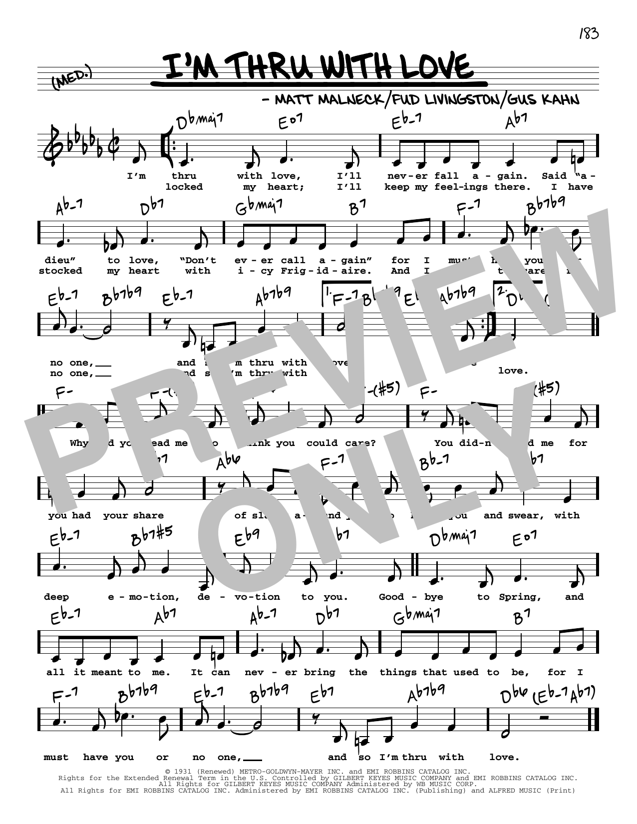 Gus Kahn I'm Thru With Love (Low Voice) sheet music notes and chords arranged for Real Book – Melody, Lyrics & Chords