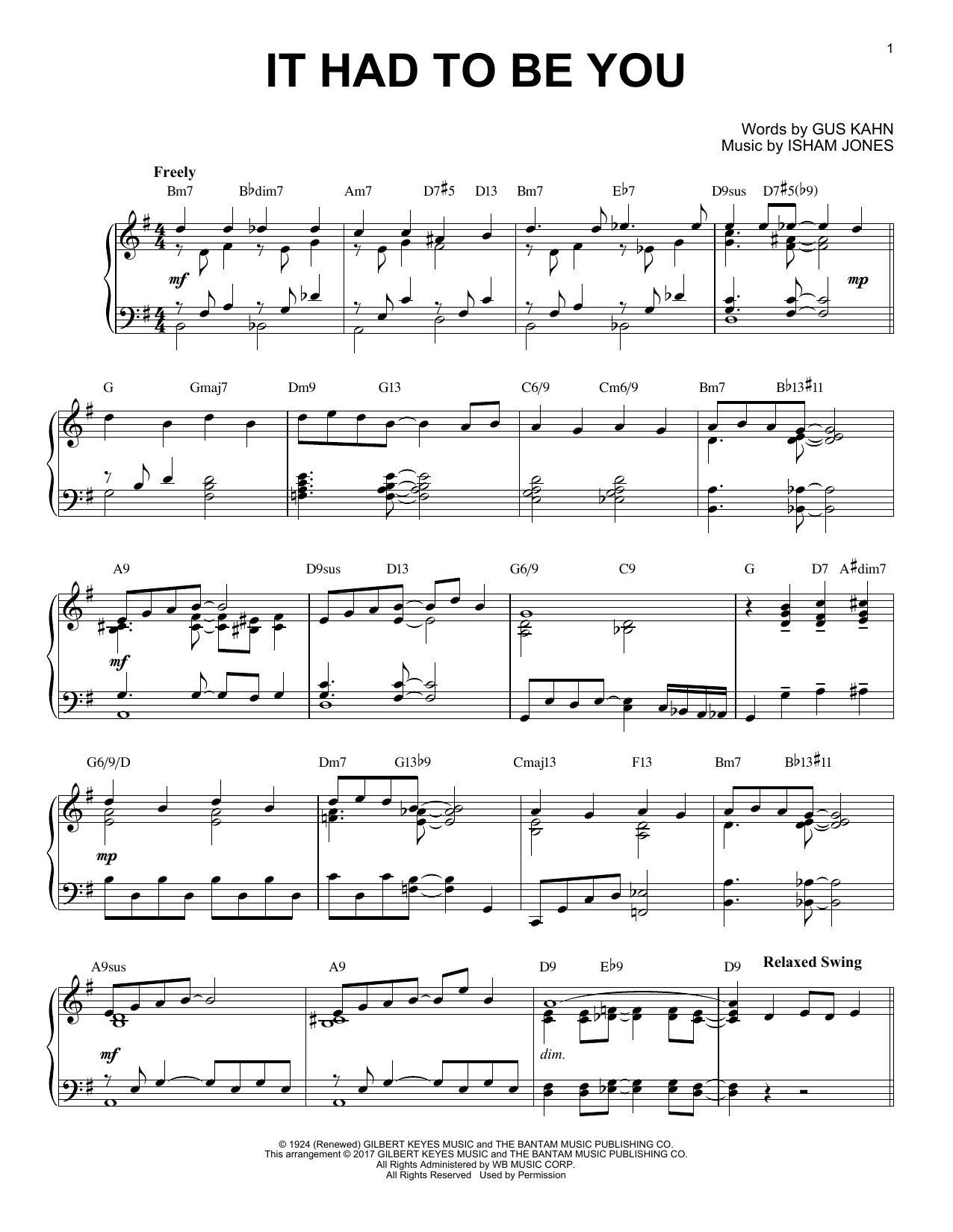 Gus Kahn It Had To Be You [Jazz version] sheet music notes and chords arranged for Piano Solo