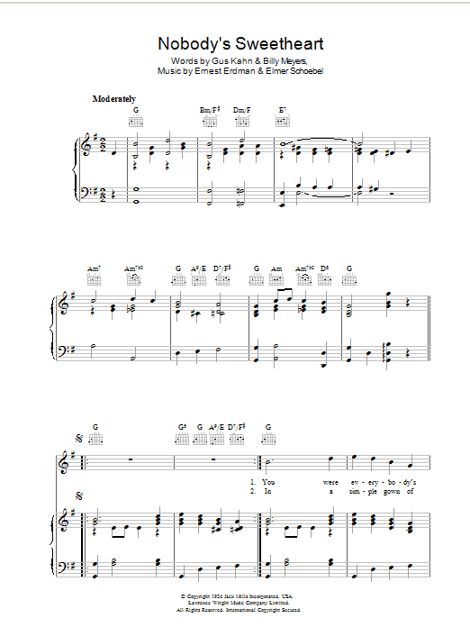 Gus Kahn Nobody's Sweetheart sheet music notes and chords arranged for Piano, Vocal & Guitar Chords