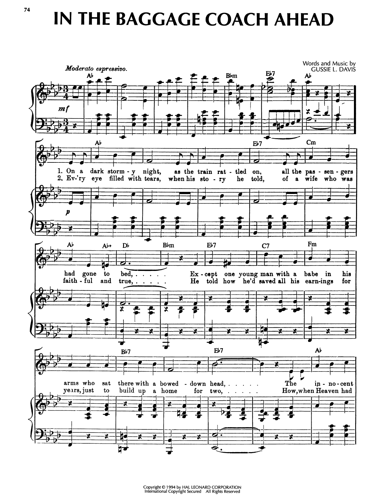 Gussie L. Davis In The Baggage Coach Ahead sheet music notes and chords arranged for Piano, Vocal & Guitar Chords (Right-Hand Melody)