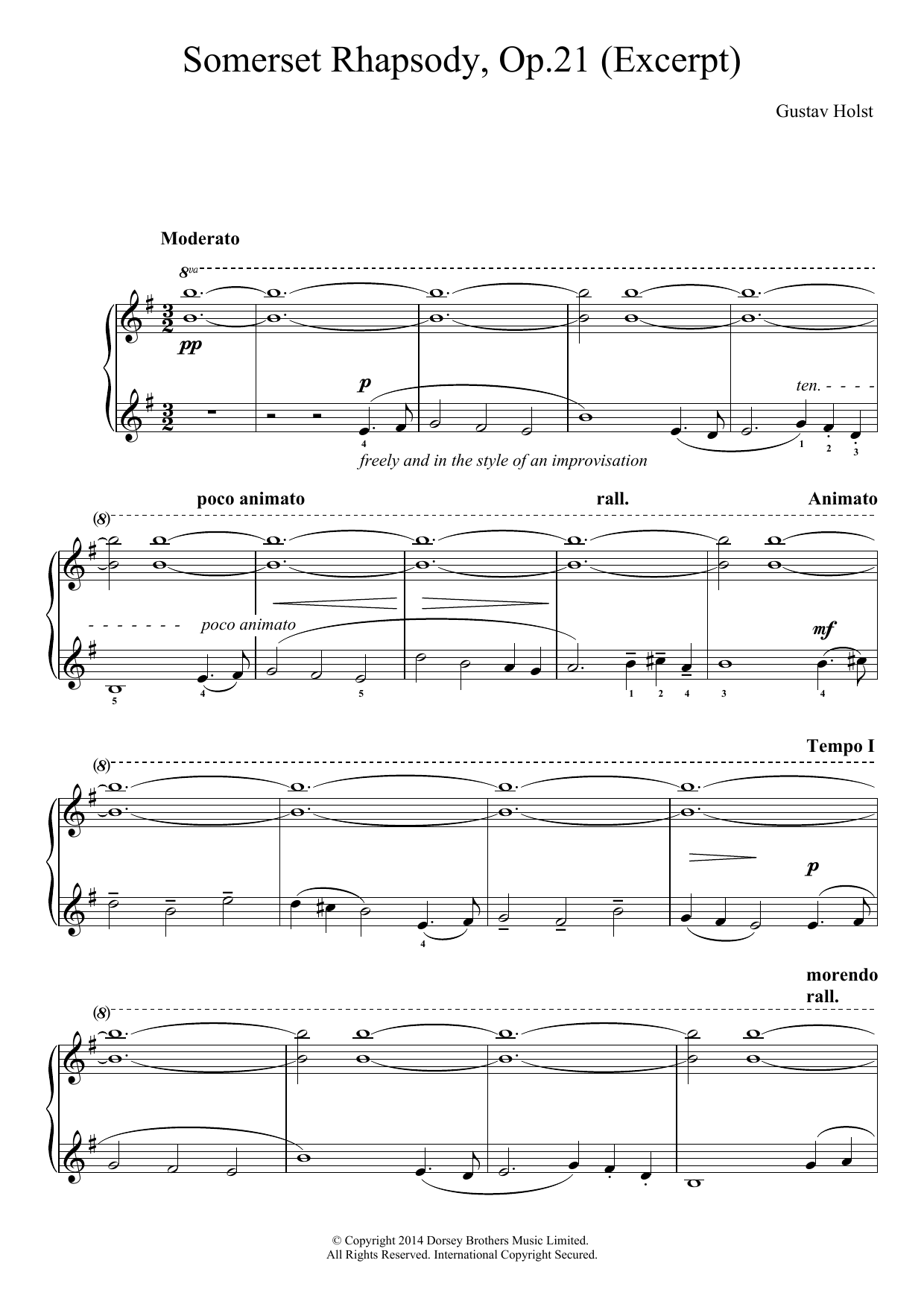 Gustav Holst A Somerset Rhapsody, Op. 21 sheet music notes and chords arranged for Piano Solo