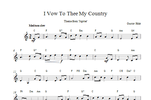 Gustav Holst I Vow To Thee My Country sheet music notes and chords arranged for Lead Sheet / Fake Book