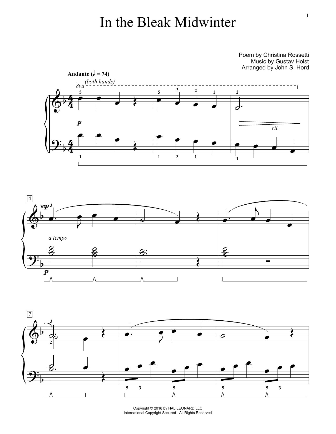 Gustav Holst In The Bleak Midwinter (arr. John S. Hord) sheet music notes and chords arranged for Educational Piano
