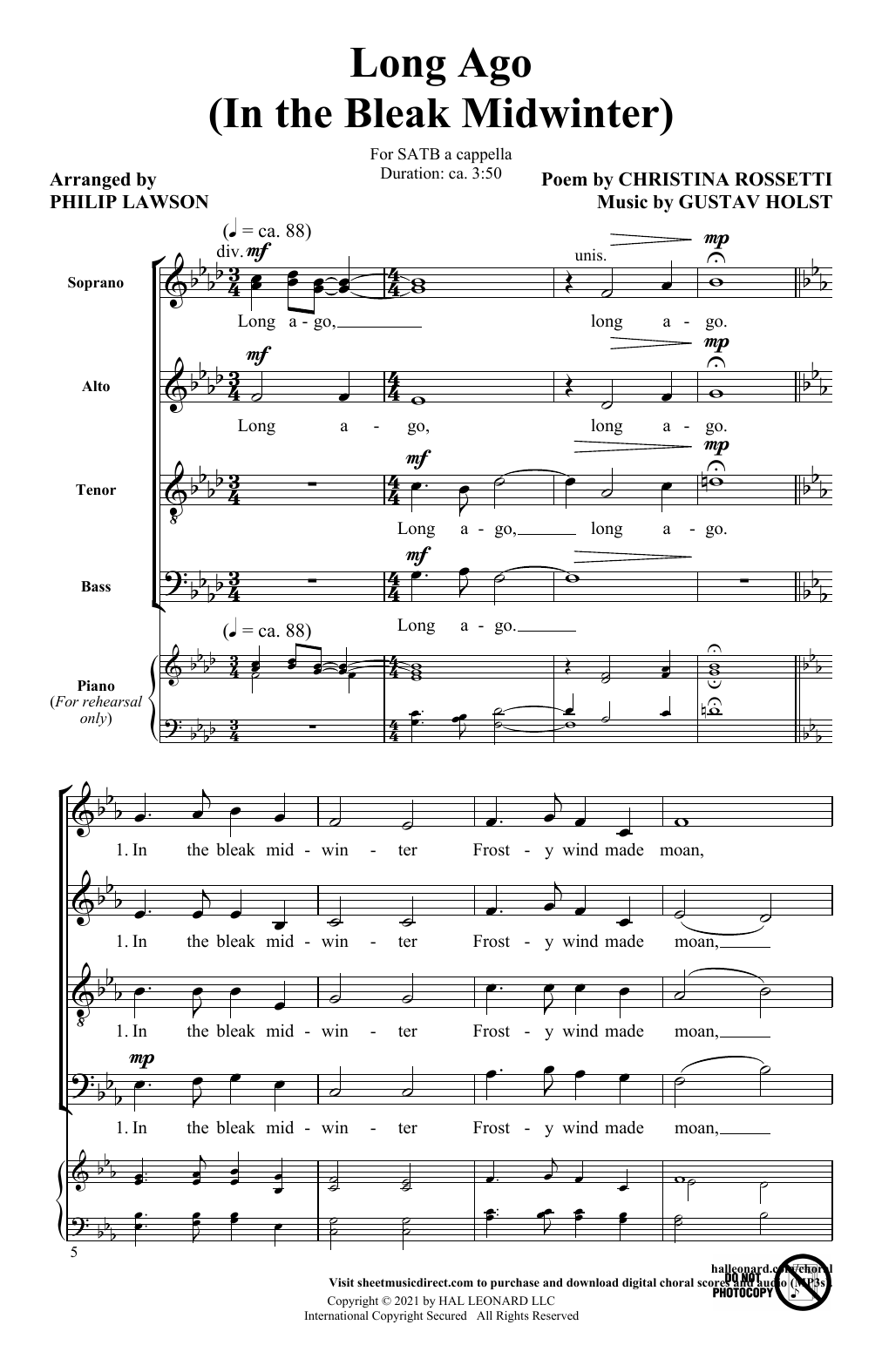 Gustav Holst Long Ago (In The Bleak Midwinter) (arr. Philip Lawson) sheet music notes and chords arranged for SATB Choir