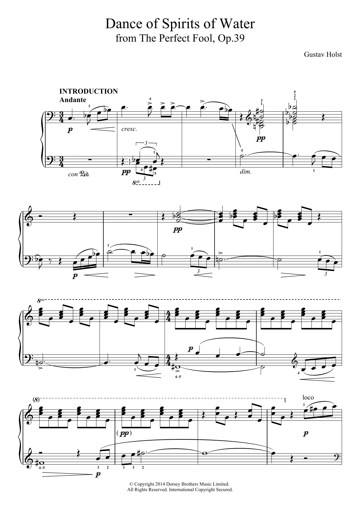 Gustav Holst The Perfect Fool, Op. 39- Dance Of Spirits Of Water sheet music notes and chords arranged for Piano Solo