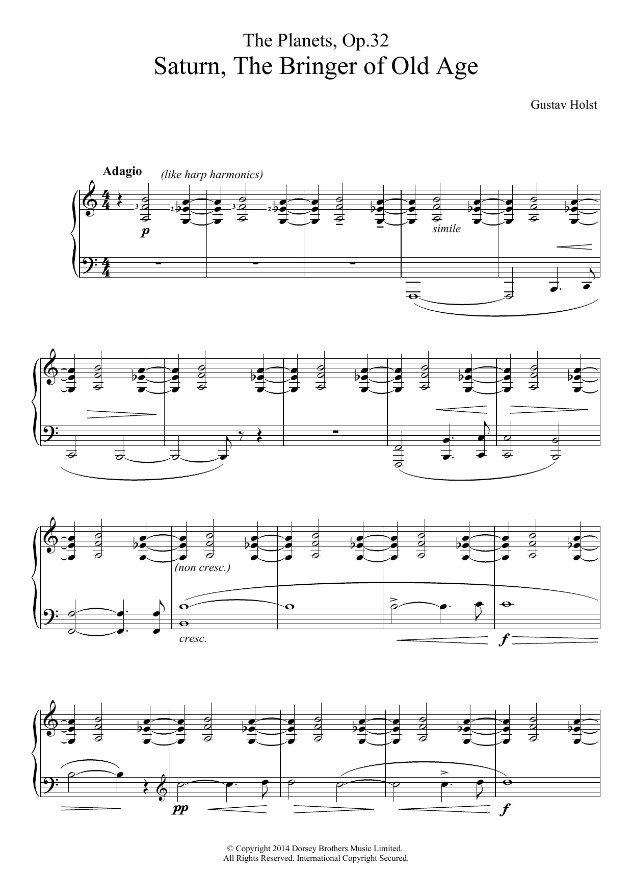 Gustav Holst The Planets, Op. 32: Saturn, the Bringer of Old Age (abridged version) sheet music notes and chords arranged for Piano Solo