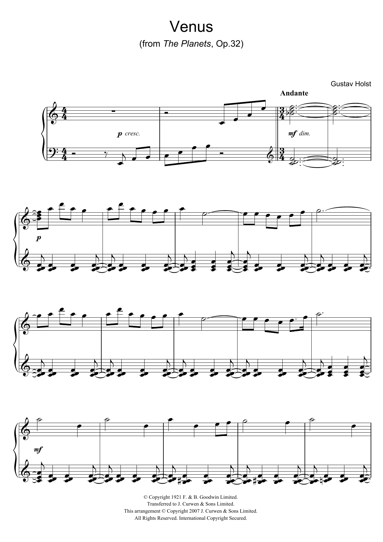 Gustav Holst Venus (from The Planets Op.32) sheet music notes and chords arranged for Easy Piano