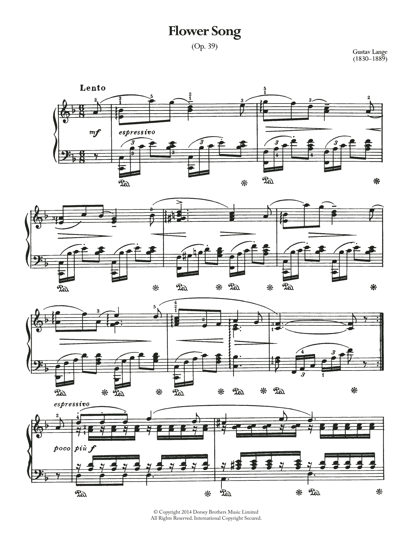 Gustav Lange Flower Song Op.39 sheet music notes and chords arranged for Piano Solo