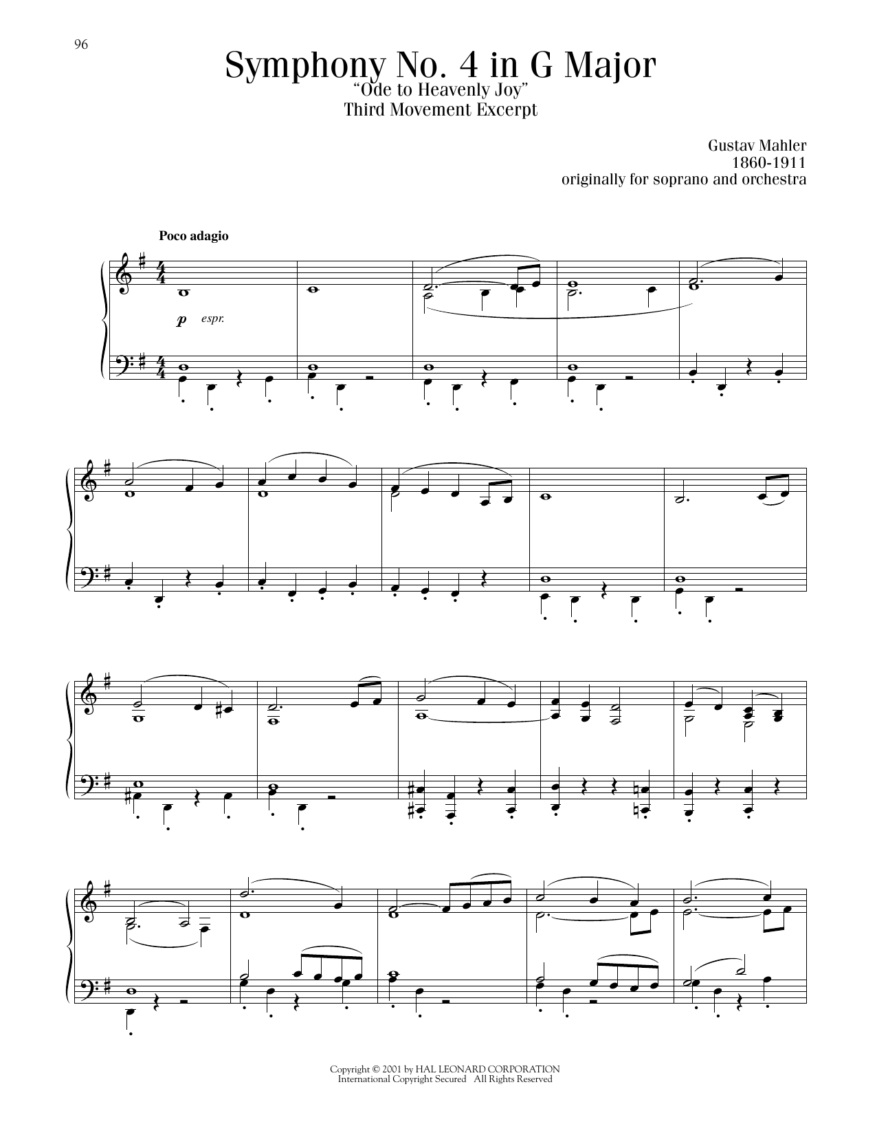 Gustav Mahler Symphony No. 4 In G Major (Ode to Heavenly Joy), 3rd Movement sheet music notes and chords arranged for Piano Solo