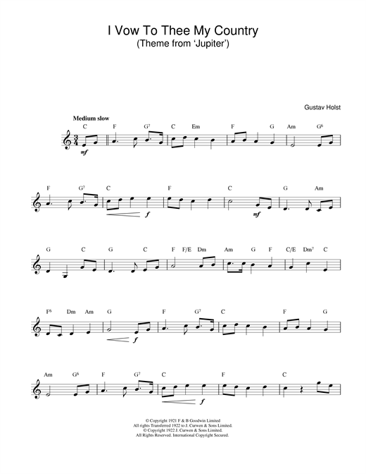 Gustav Holst I Vow To Thee My Country sheet music notes and chords. Download Printable PDF.