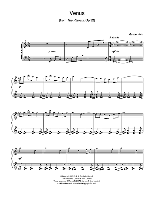 Gustav Holst Venus (from The Planets Op.32) sheet music notes and chords arranged for Easy Piano