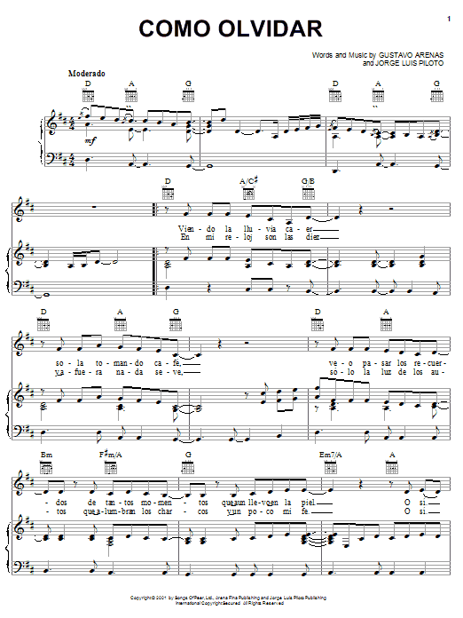 Gustavo Arenas Como Olvidar sheet music notes and chords arranged for Piano, Vocal & Guitar Chords (Right-Hand Melody)