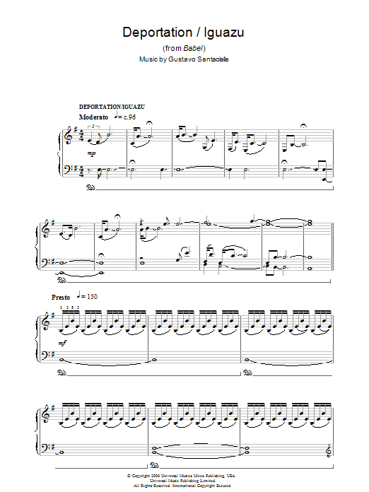 Gustavo Santaolalla Deportation/Iguazu (from Babel) sheet music notes and chords arranged for Piano Solo