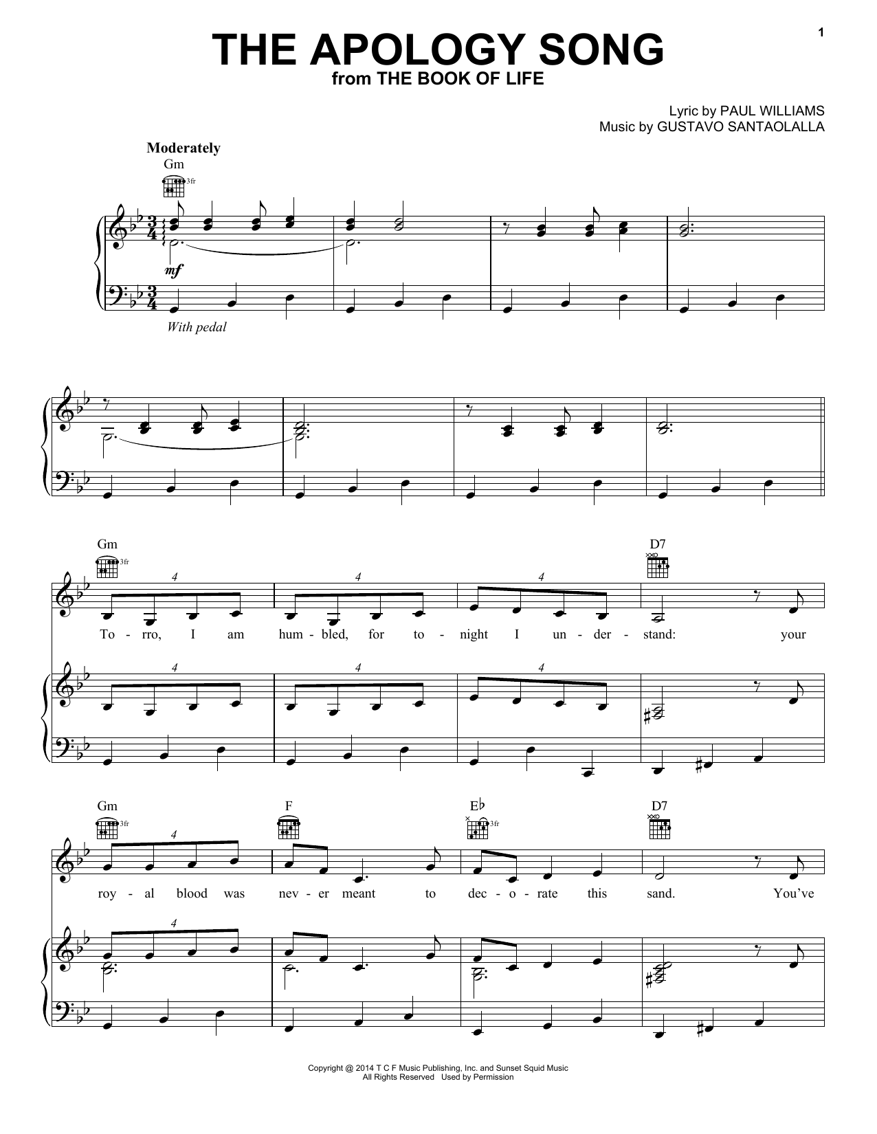 Gustavo Santaolalla The Apology Song sheet music notes and chords arranged for Piano, Vocal & Guitar Chords (Right-Hand Melody)