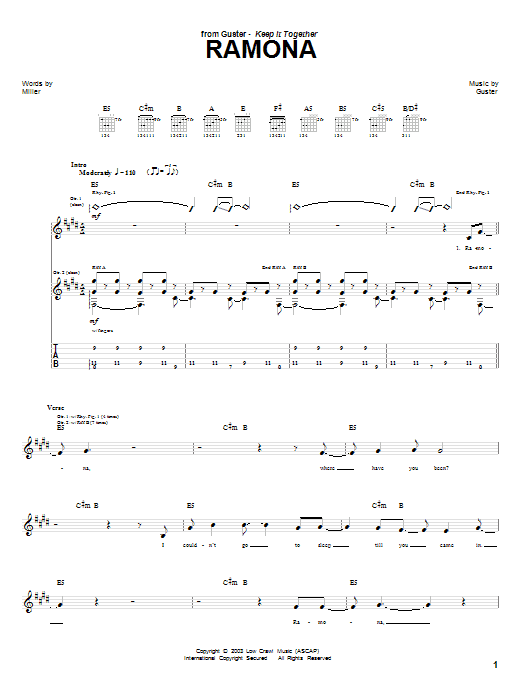 Guster Ramona sheet music notes and chords arranged for Guitar Tab