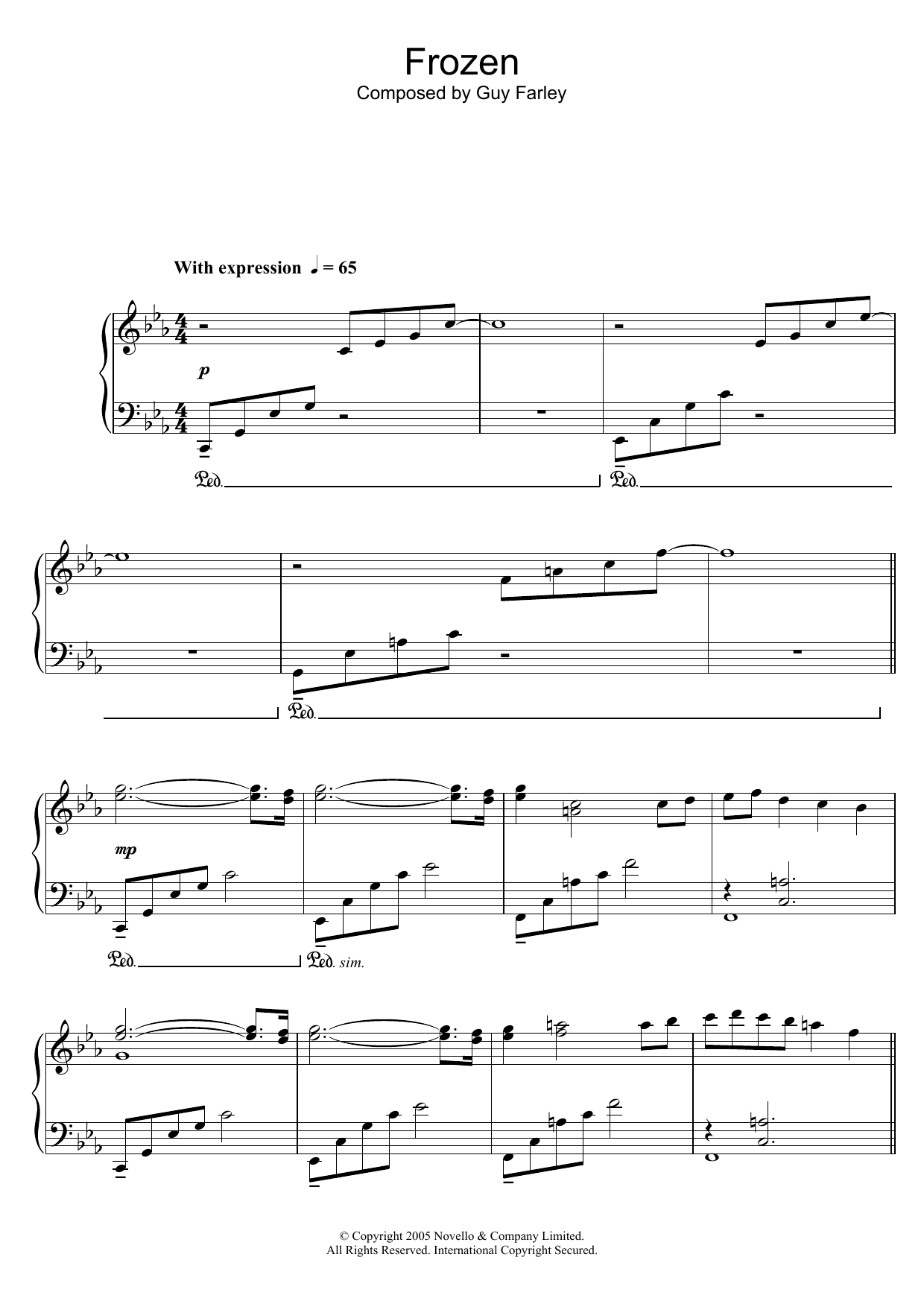 Guy Farley Frozen (from 'Cashback') sheet music notes and chords arranged for Piano Solo