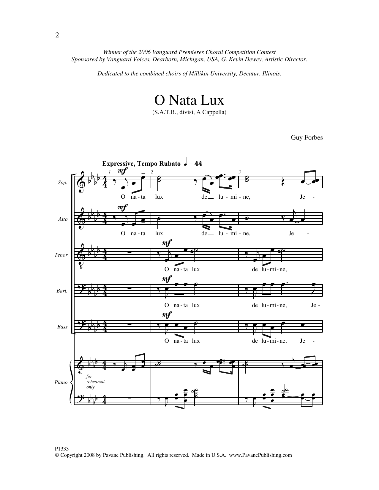Guy Forbes O Nata Lux sheet music notes and chords arranged for SATB Choir