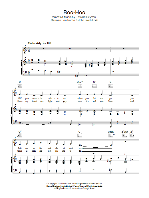 Guy Lombardo Boo-Hoo sheet music notes and chords arranged for Piano, Vocal & Guitar Chords