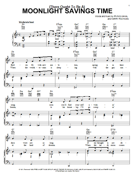 Guy Lombardo (There Ought To Be A) Moonlight Savings Time sheet music notes and chords arranged for Piano, Vocal & Guitar Chords (Right-Hand Melody)
