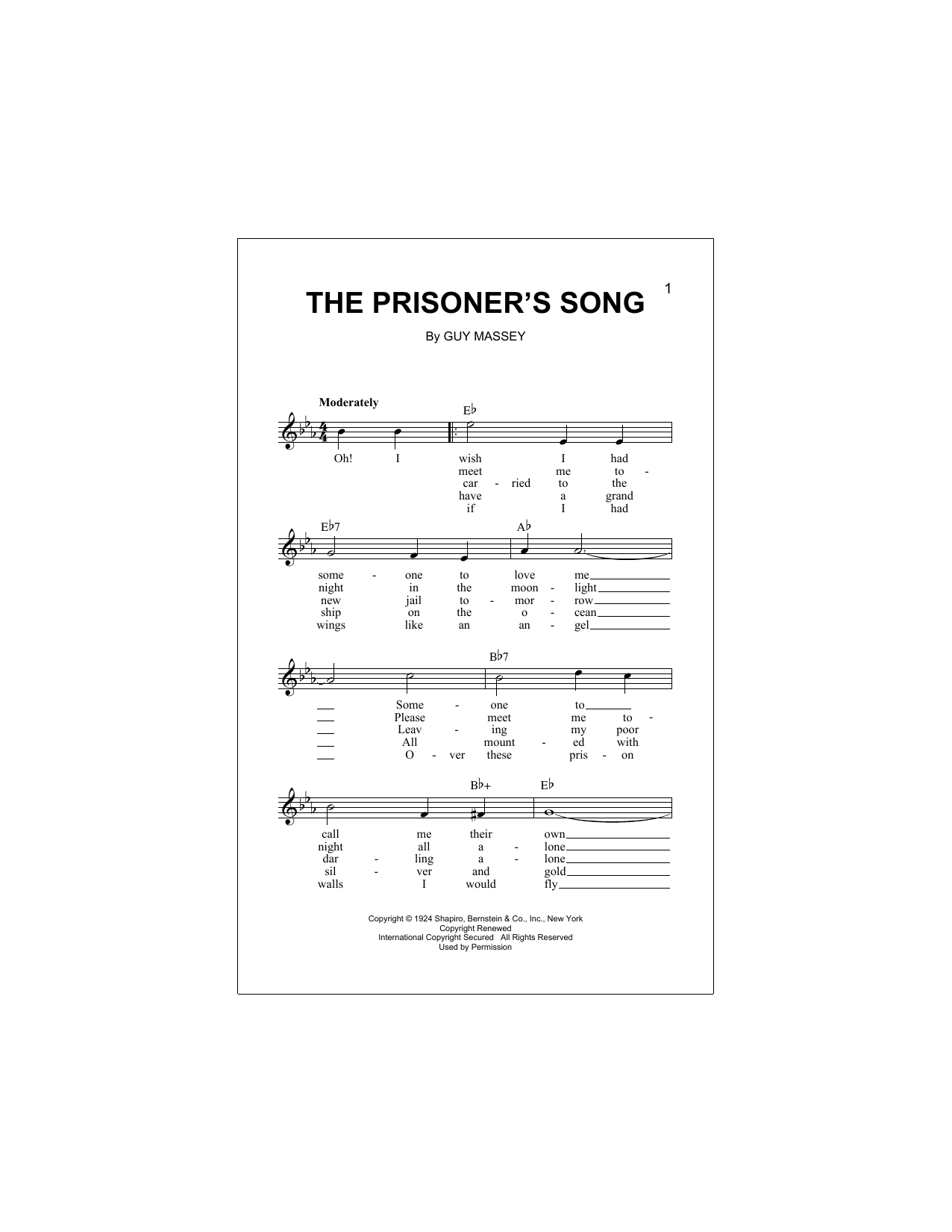 Guy Massey The Prisoner's Song sheet music notes and chords arranged for Lead Sheet / Fake Book