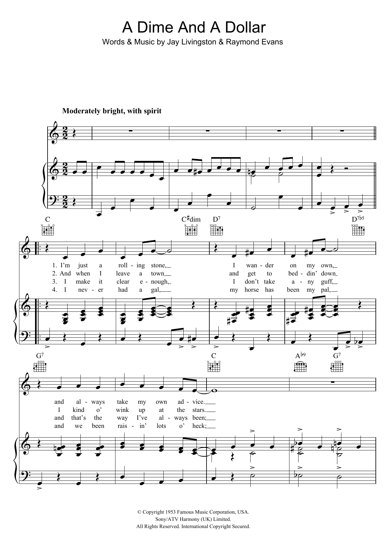 Guy Mitchell A Dime And A Dollar sheet music notes and chords arranged for Piano, Vocal & Guitar Chords