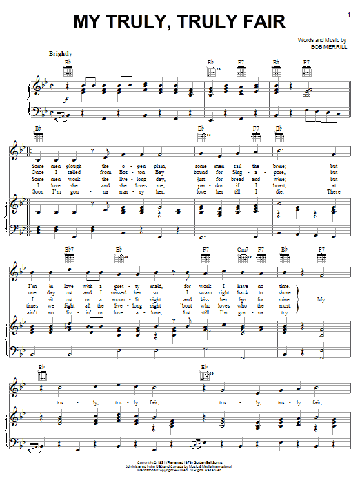 Guy Mitchell My Truly, Truly Fair sheet music notes and chords arranged for Piano, Vocal & Guitar Chords (Right-Hand Melody)