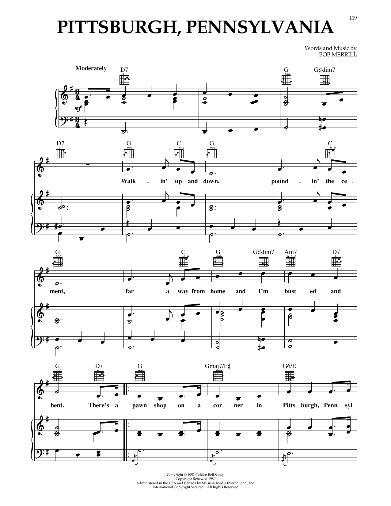 Guy Mitchell Pittsburgh, Pennsylvania sheet music notes and chords arranged for Piano, Vocal & Guitar Chords (Right-Hand Melody)