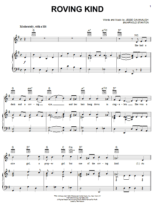 Guy Mitchell Roving Kind sheet music notes and chords arranged for Piano, Vocal & Guitar Chords (Right-Hand Melody)