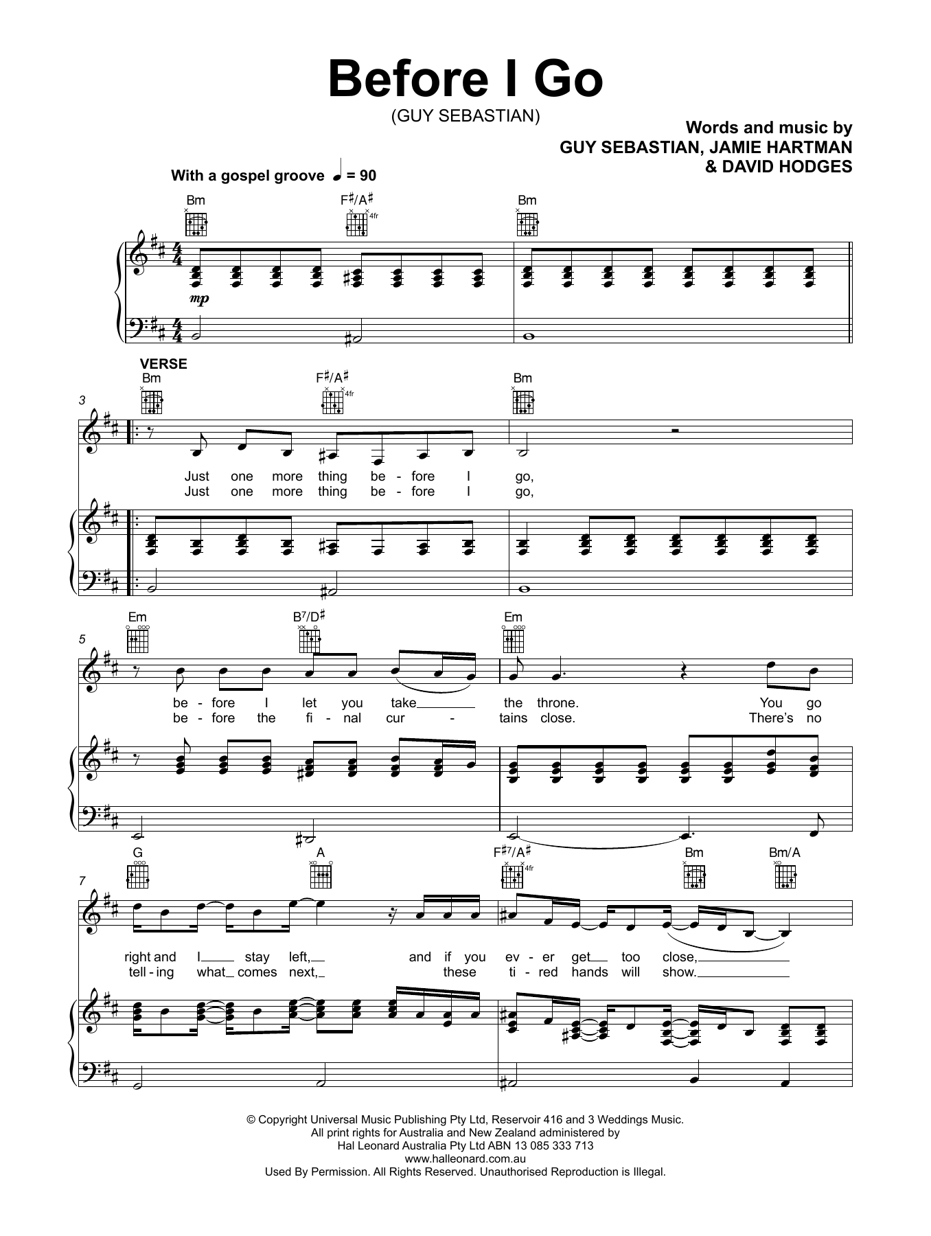 Guy Sebastian Before I Go sheet music notes and chords arranged for Piano, Vocal & Guitar Chords (Right-Hand Melody)