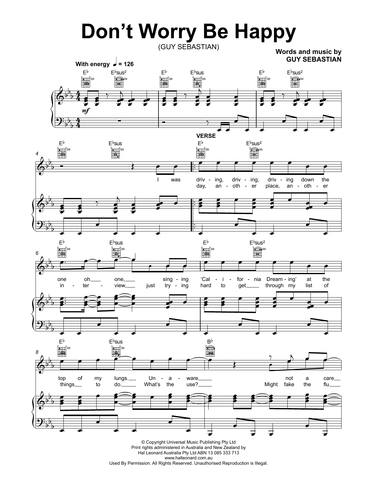 Guy Sebastian Don't Worry Be Happy sheet music notes and chords arranged for Piano, Vocal & Guitar Chords (Right-Hand Melody)