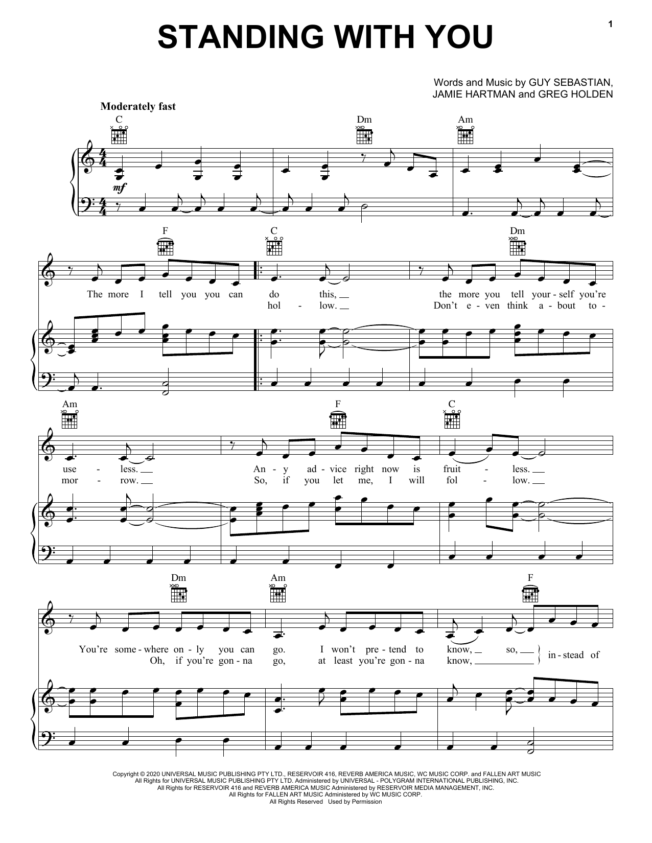 Guy Sebastian Standing With You sheet music notes and chords arranged for Piano, Vocal & Guitar Chords (Right-Hand Melody)