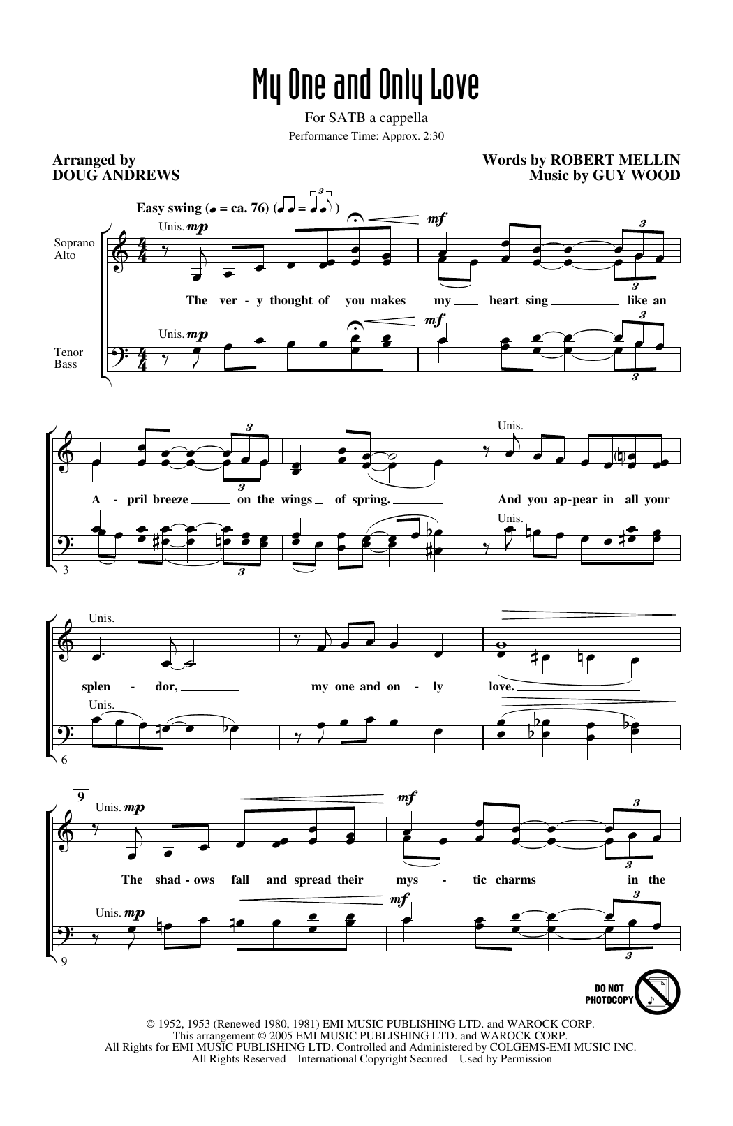 Guy Wood My One And Only Love (arr. Doug Andrews) sheet music notes and chords arranged for SATB Choir