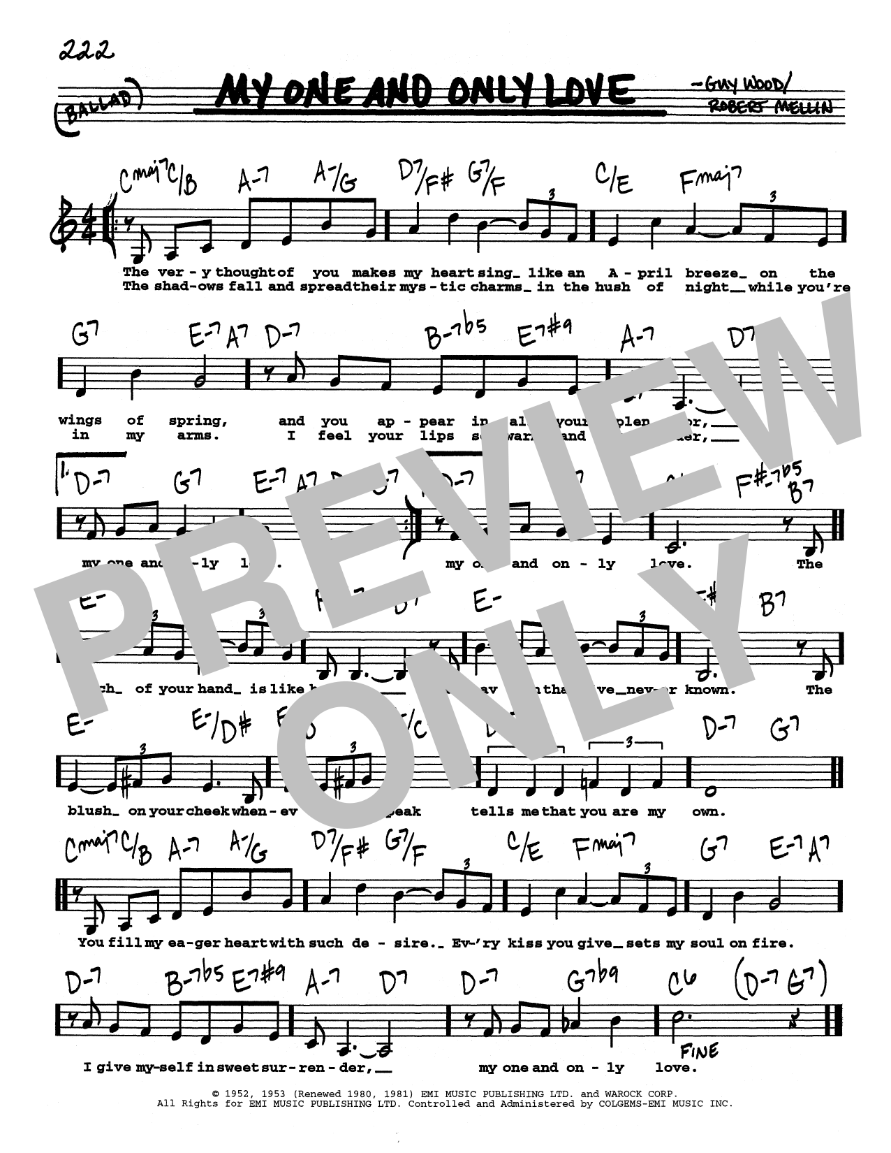 Guy Wood My One And Only Love (Low Voice) sheet music notes and chords arranged for Real Book – Melody, Lyrics & Chords