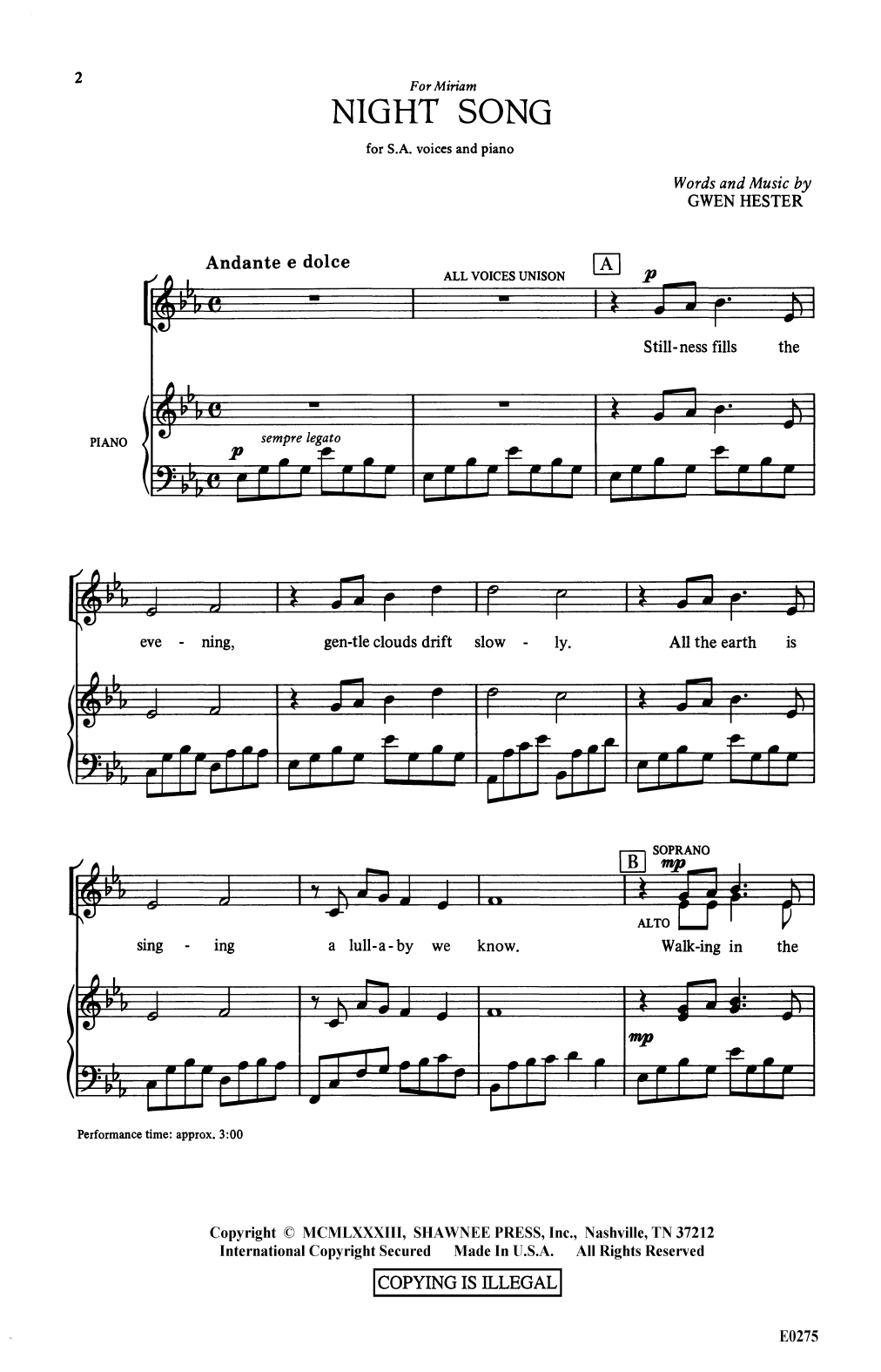 Gwen Hester Night Song sheet music notes and chords arranged for 2-Part Choir
