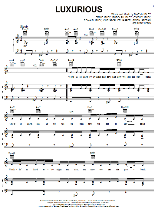 Gwen Stefani Luxurious sheet music notes and chords arranged for Piano, Vocal & Guitar Chords (Right-Hand Melody)