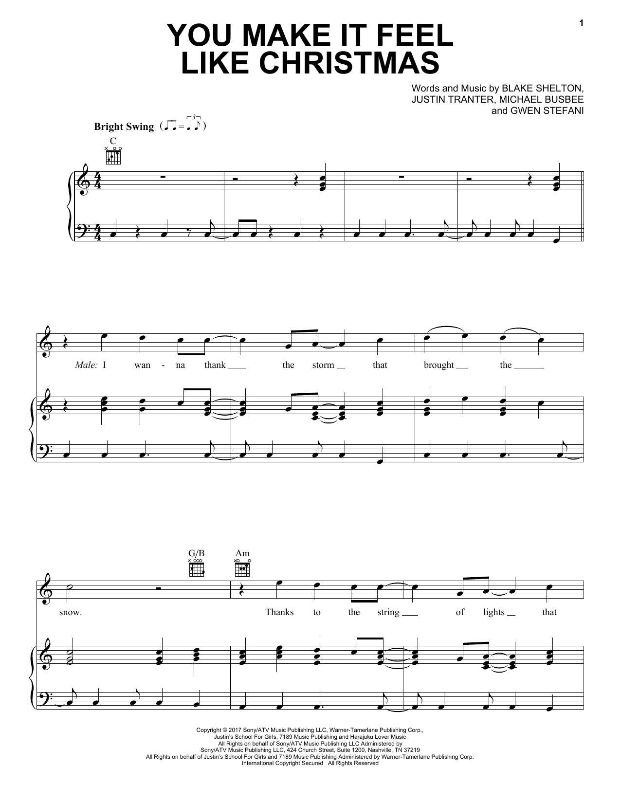 Gwen Stefani You Make It Feel Like Christmas (feat. Blake Shelton) sheet music notes and chords arranged for Piano, Vocal & Guitar Chords (Right-Hand Melody)