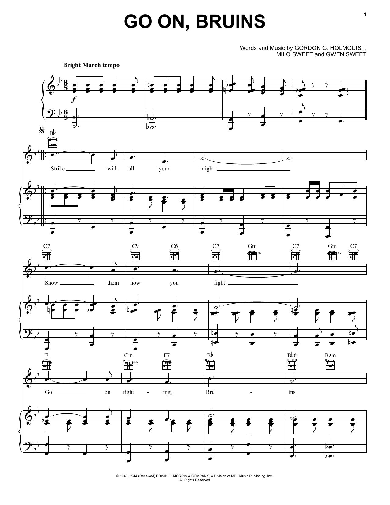 Gwen Sweet Go On, Bruins sheet music notes and chords arranged for Piano, Vocal & Guitar Chords (Right-Hand Melody)