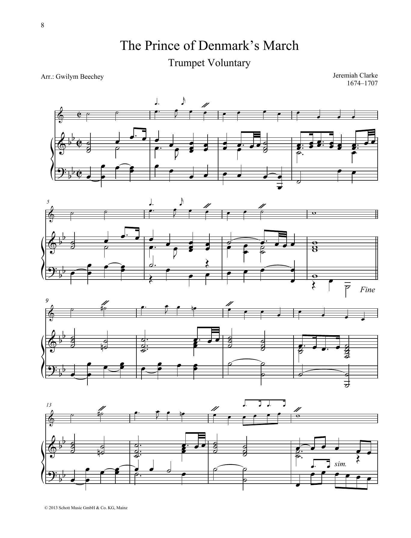 Gwilym Beechey The Prince of Denmark's March sheet music notes and chords arranged for Brass Solo