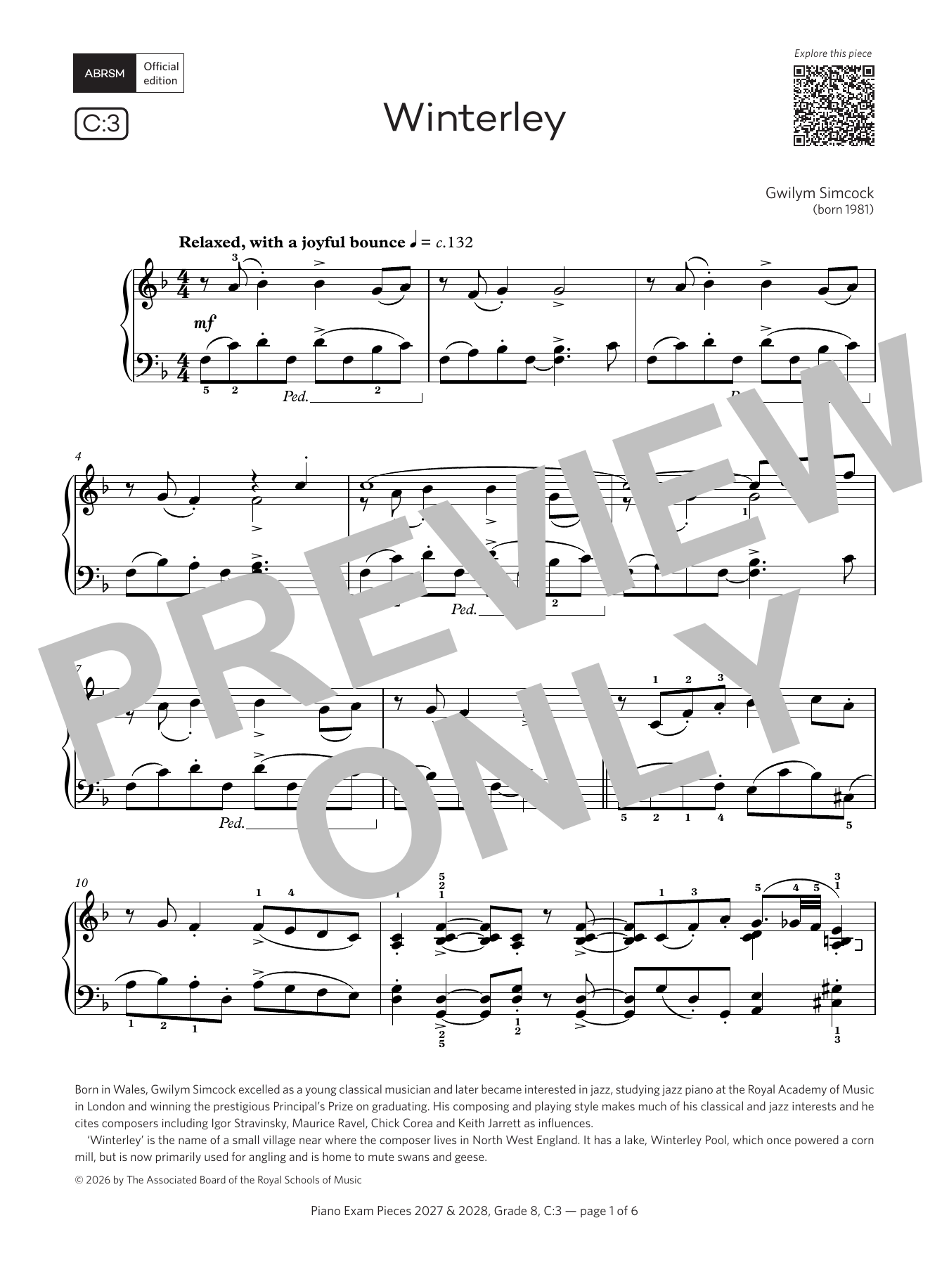 Gwilym Simcock Winterley (Grade 8, list C3, from the ABRSM Piano Syllabus 2027 & 2028) sheet music notes and chords arranged for Piano Solo